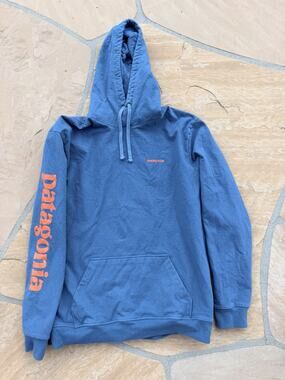 Patagonia Hooded Sweatshirt Pullover Blue with Orange Logo XXL